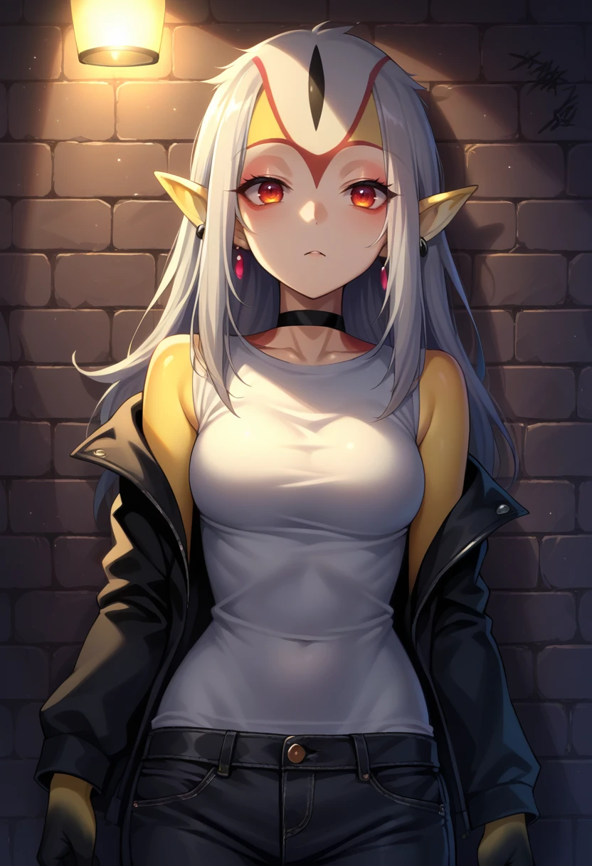 score_9, score_8_up, source_anime, 1girl, solo, Mutio, white hair, long hair, monster girl, multicolored skin, yellow skin, black hands, earrings, sharp eyes, choker, neon shirt, open jacket, turtleneck sweater, night, against wall, brick wall, graffiti, dim lighting, alley, looking at viewer, <lora:ChamMutioPonyXL:1>