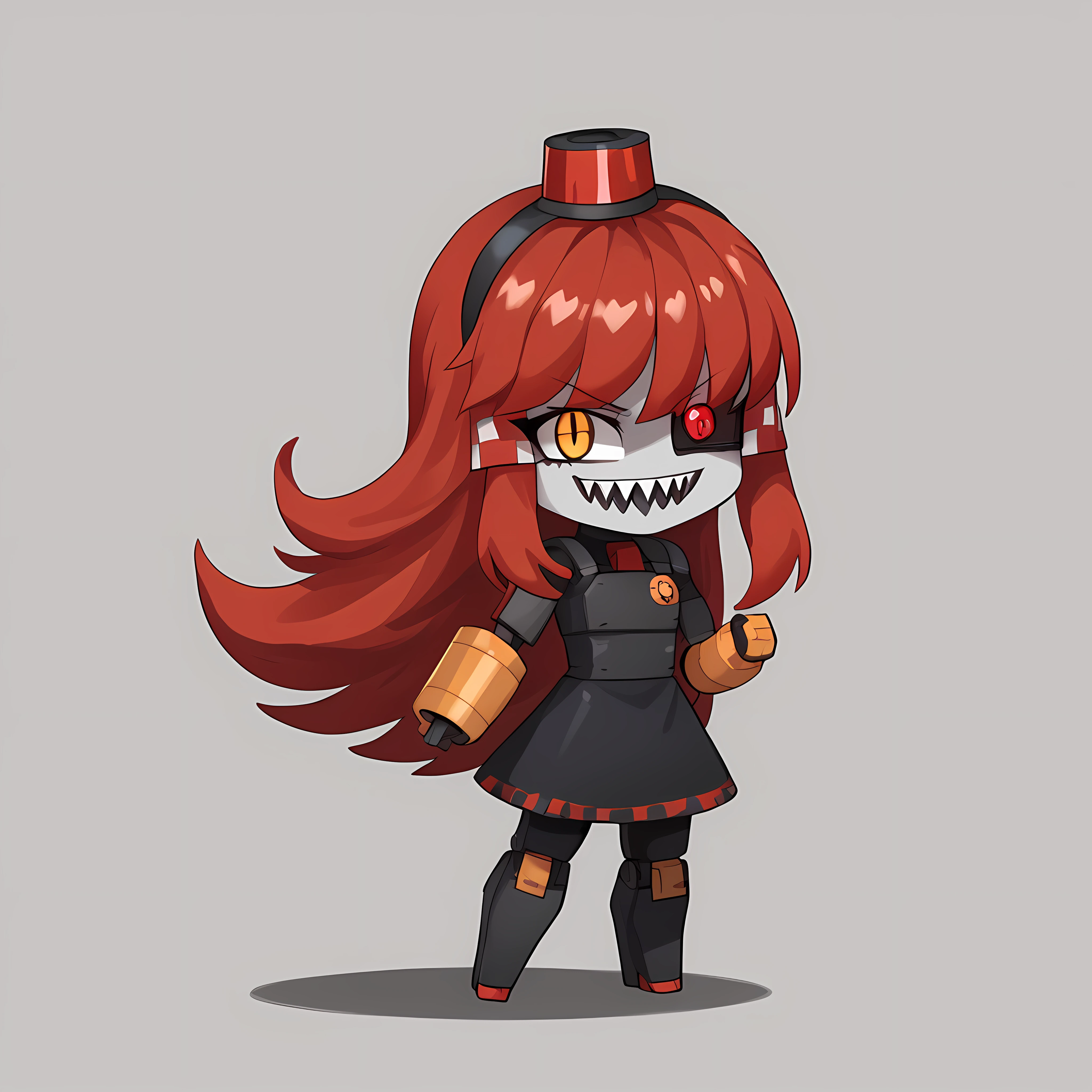 <lora:mini_sentry-06:0.9>, original, 1girl, alarm siren, black dress, red hair, long hair, headwear, sharp teeth, chibi inset, solo, solo focus, shadow