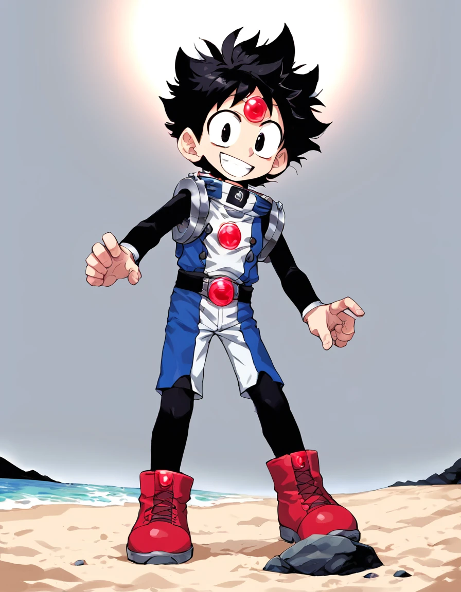 score_9, source_anime, rating_safe BREAK 1boy, solo,
kanata,  black hair, short hair, black eyes, big eyes, wide-eyed, messy hair, spiked hair, silver armer, silver shoulder arms, black long sleeve, chest round red gem,forehead round red gem, belt round red gem, blue and white bodysuit, emblem, badge, red boots,
beach shore, sunny, barefoot, smile, sunbeam, lens flare <lora:ichibanyu-no-kanata:4.5>