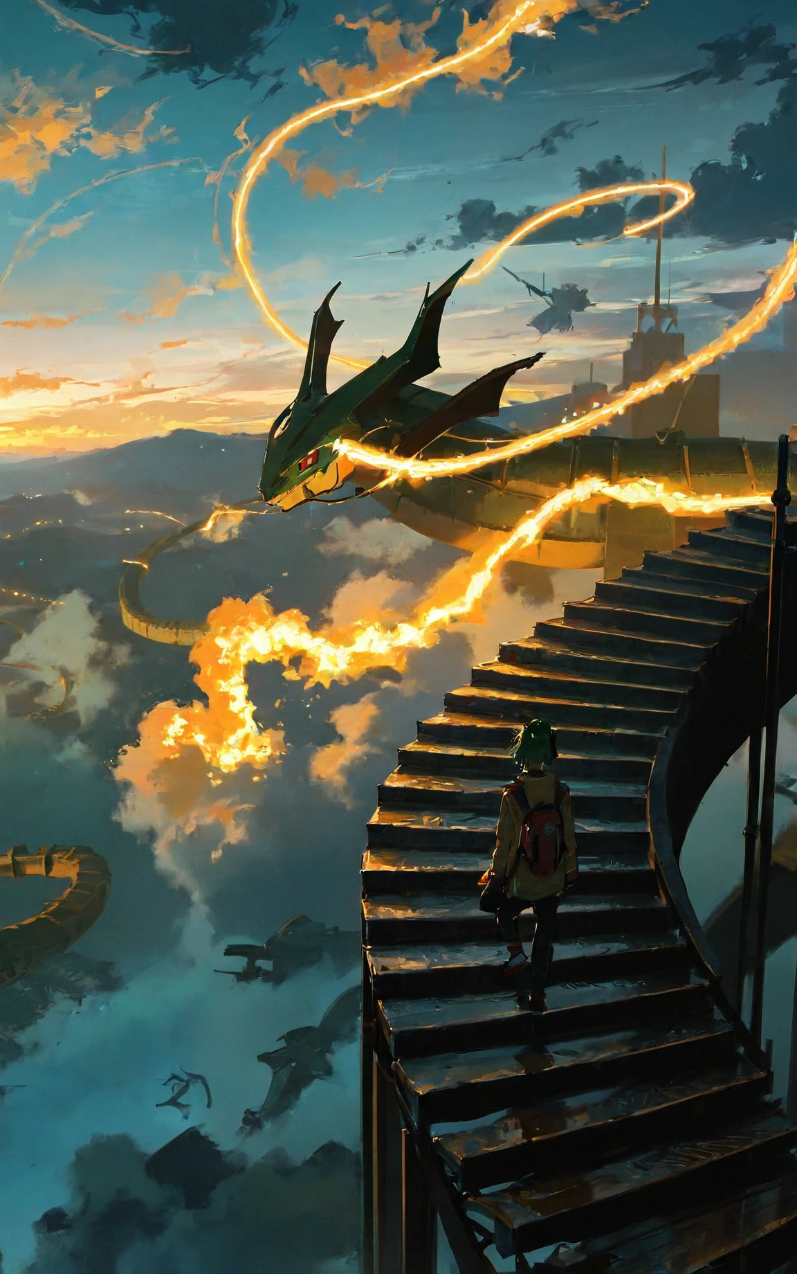 best quality, masterpiece, (ultra-detailed:1.1), good background, oil painting, 
[<lora:EndlessSteps-v2-Kohaku-Tanger:0.75>::0.75],  
Endless Steps, Climbing stairs, CG, night, stairs, sky, 
Pokémon fan art,Pokemon Rayquaza, 1girl,solo,cloud, sky, scenery, solo, cloudy sky,reflection,sunset, style background,