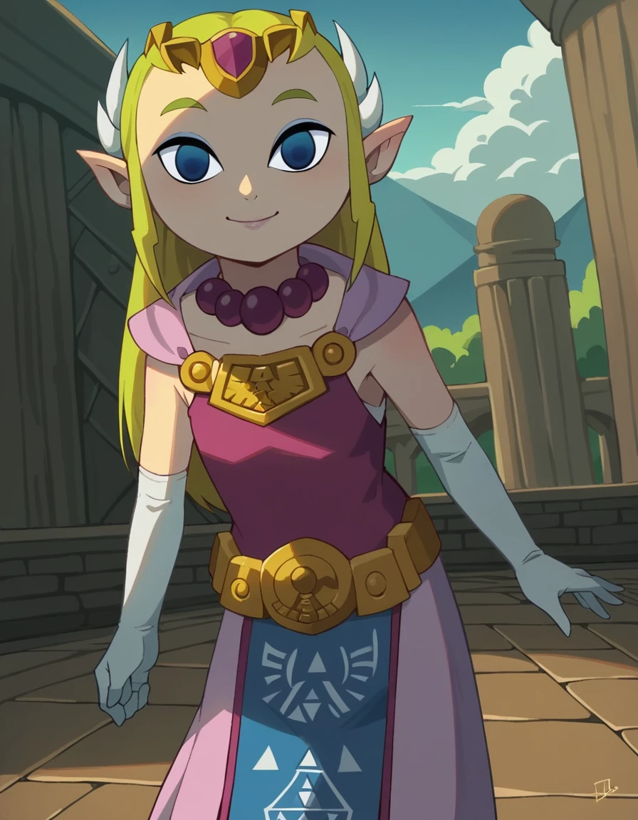 score_9, score_8_up, score_7_up, source_anime,
princesszelda, <lora:toon-zelda-ingame-ponyxl-lora-nochekaiser:0.8>,
zelda, long hair, blue eyes, blonde hair, pointy ears, empty eyes, princess zelda,
gloves, dress, jewelry, elbow gloves, belt, necklace, tiara, pink dress, triforce,
outdoors, landscape, smile, bent over,
looking at viewer, solo, dutch angle, cowboy shot,