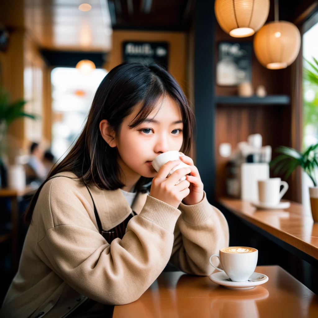 Girl smelling coffee in cafe  <lora:streephoto:0.8>   asain