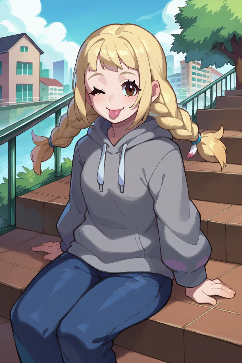 hiquality, tmasterpiece (One teenage girl,) hooligan, smirk, Long, disheveled, Unkempt blonde hair. The eyes are blue., Long bangs, adidas Dark Clothing. white panty. bare feet. Squatting. Against the background of the entrance of a high-rise building.