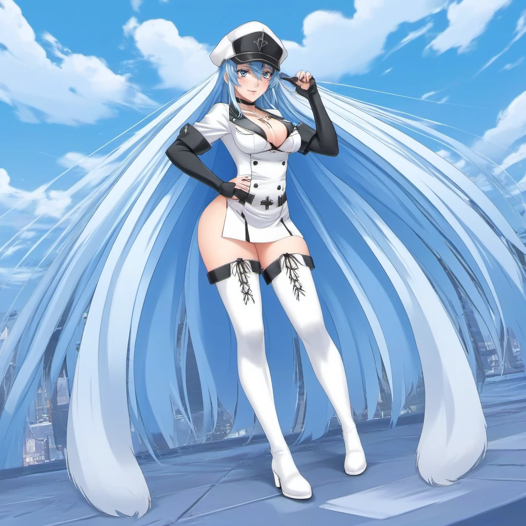 anime artwork a woman, hat, tattoo on the chest, large breast, thigh boots, blue long hair, cleavage, white footwear <lora:Esdeath1024:0.8> . anime style, key visual, vibrant, studio anime,  highly detailed