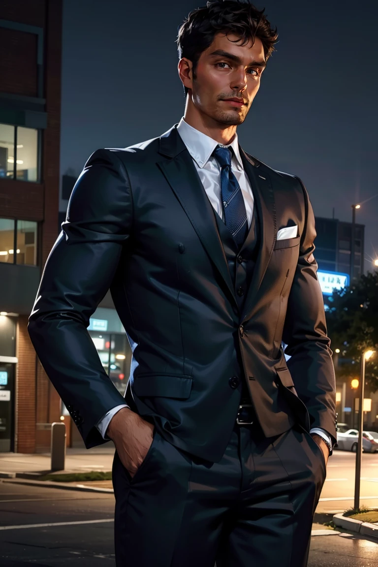 photo of person, man, smirk, (muscular:1.1), parking lot, dress shirt, pants, ((suit, long sleeves)), work clothes, looking to viewer, cinematic lighting, detailed face, detailed eyes, masterpiece, high_res, perfect face<lora:EMS-255755-EMS:1.000000>