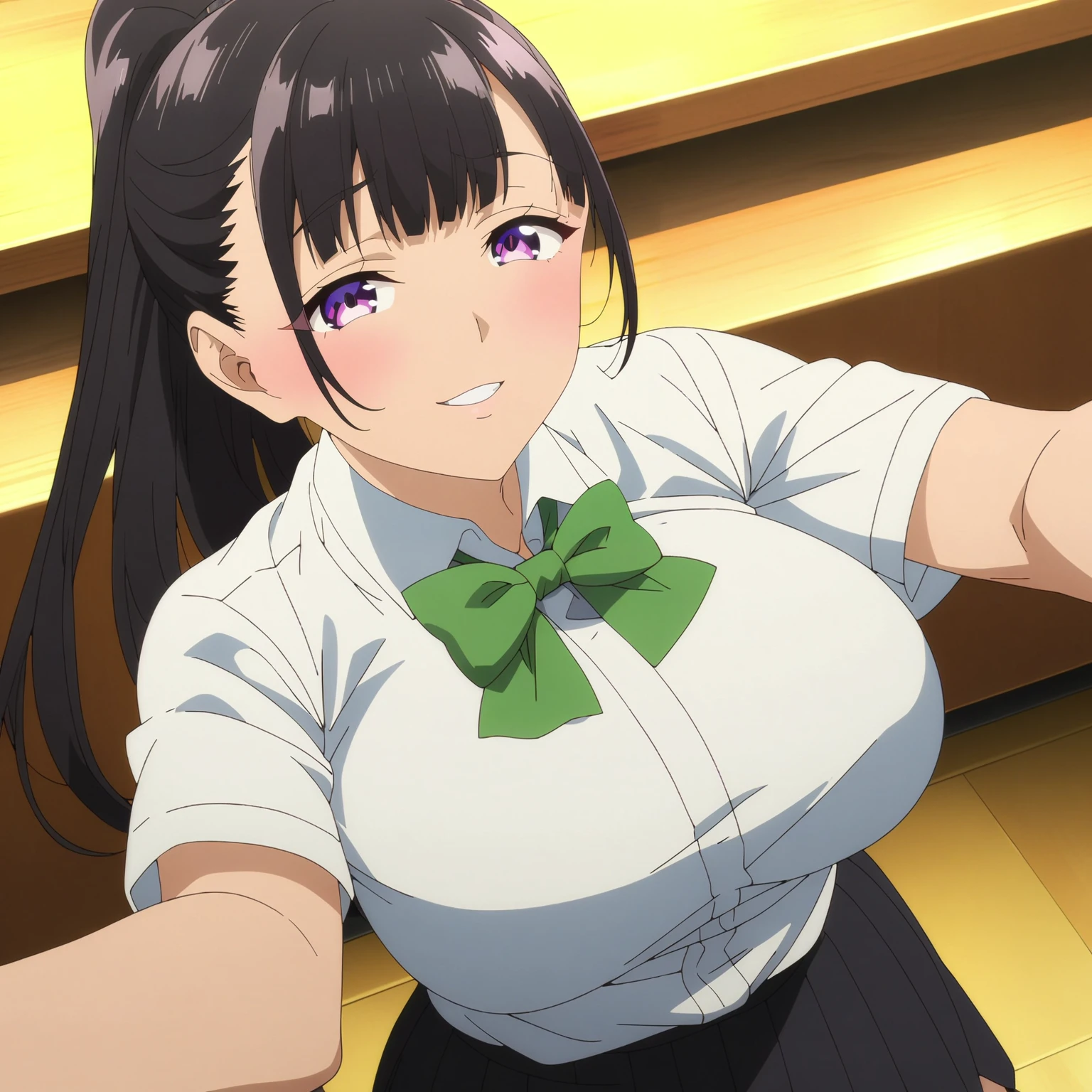 <lora:YuiTachibanaXL001>,<lora:bold-16oa:-0.5>,
masterpiece,best quality,ultra-detailed,8K,best illustration,very aesthetic,absurdres,anime screencap,official art,
looking at viewer,smile,parted lips,
solo,
YuiTachibana,1girl,black hair,ponytail,purple eyes,large breasts,
white shirt,green bowtie,
pleated skirt,black skirt,
thigh,
full body,standing,