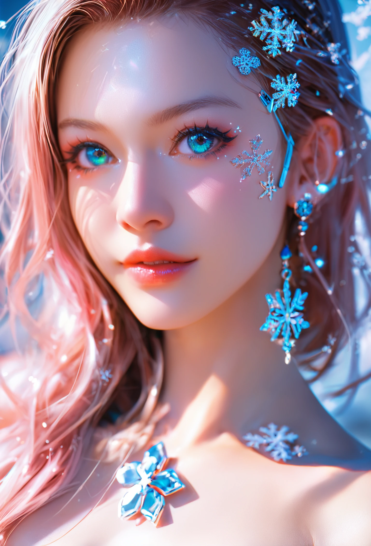 minimalism realistic photography, cyberpunk, sci-fi, close-up of a young and beautiful Chinese girl, strapless, fashion suit, realistic facial feature, surrounded by snowflakes and drizzle, with the cyberpunk city in the background, Bold epic color palette with strong contrasts,, score_9, score_8_up, score_7_up