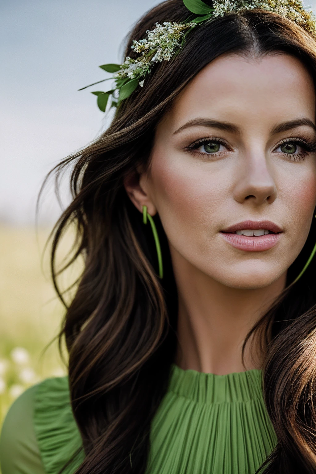 KateB_SoloTI_v1,
(In a lime green dress adorned with leaf patterns, with a crown of fresh flowers, for a playful and whimsical look),
(In a sun-drenched meadow, with wildflowers swaying in the breeze and the distant sound of acoustic music carrying through the air:1.3),
photorealistic, masterpiece, high quality, artistic, unique, award winning photograph, professional, 8k, RAW photo, best quality,
 <lora:add_detail:0>,<lora:LowRa:0>, PA7_Portrait-MCU,