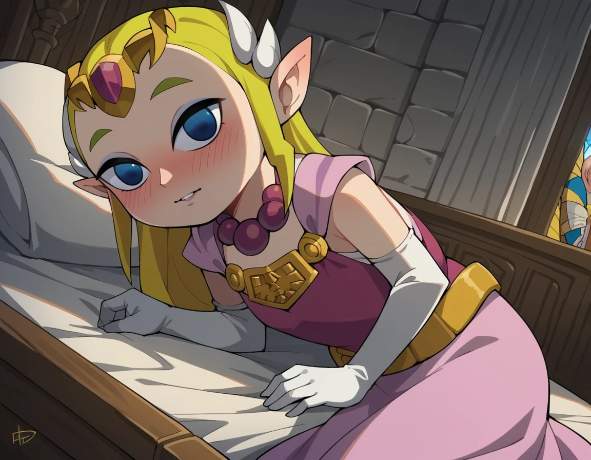 score_9, score_8_up, score_7_up, source_anime,
princesszelda, <lora:toon-zelda-ingame-ponyxl-lora-nochekaiser:0.8>,
zelda, long hair, blue eyes, blonde hair, pointy ears, empty eyes, princess zelda,
gloves, dress, jewelry, elbow gloves, belt, necklace, tiara, pink dress, triforce,
indoors, bed, bed room, on side, blush, drunk,
looking at viewer, solo, dutch angle, cowboy shot,