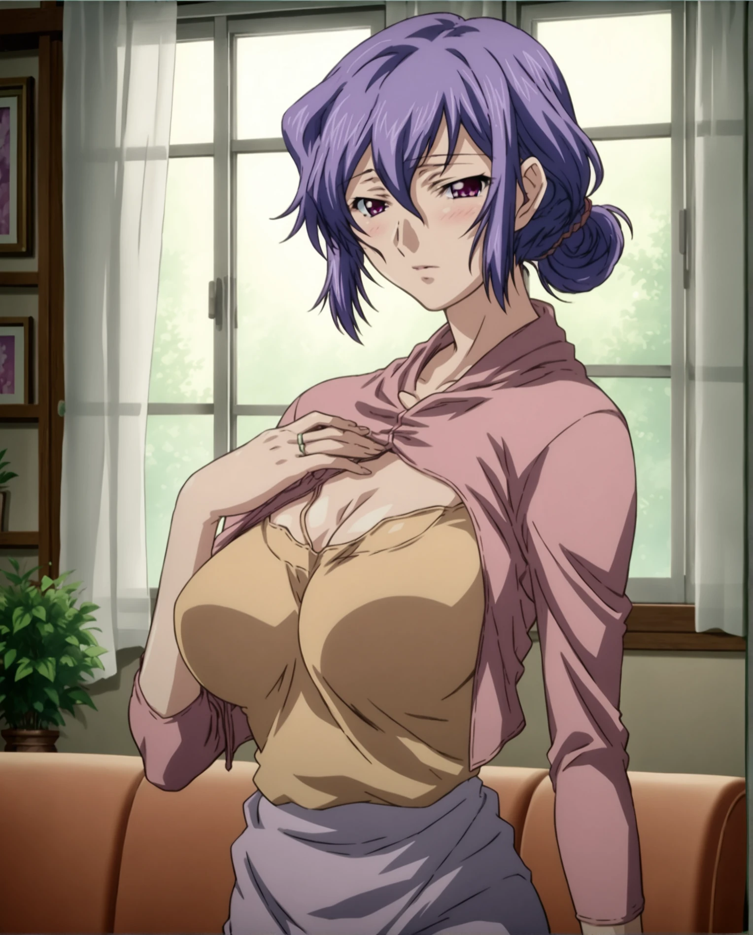 score_9, score_8_up, score_7_up, source_anime BREAK cinematic lighting, atmospheric lighting, cowboy shot, official artwork, hetero, indoors, 1girl, solo, female focus, mature female, short hair, purple hair, hair bun, side locks, hair between eyes, purple eyes, looking at viewer, blush, large breasts, cleavage, wedding ring, shrug (clothing), shirt, standing, <lora:Uehara_Kazue_Saimin_Ryoujoku_Gakuen_for_Pony:1>, rating_questionable