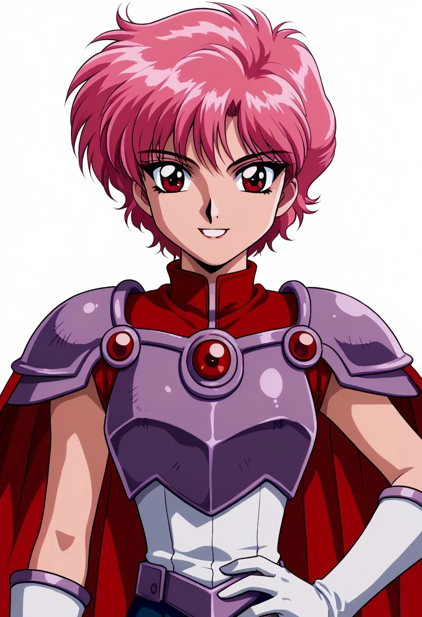 mkr style, 1girl, armor, solo, red eyes, smile, short hair, red hair, hand on hip, cape, white background, shoulder armor, pauldrons, gloves, official style, upper body, red cape, retro artstyle, looking at viewer, breastplate, white gloves, 1990s (style), pink hair, simple background, anime coloring, 2d, flat coloring, cel shading, cel shaded BREAK  PonyXLV6_Scores