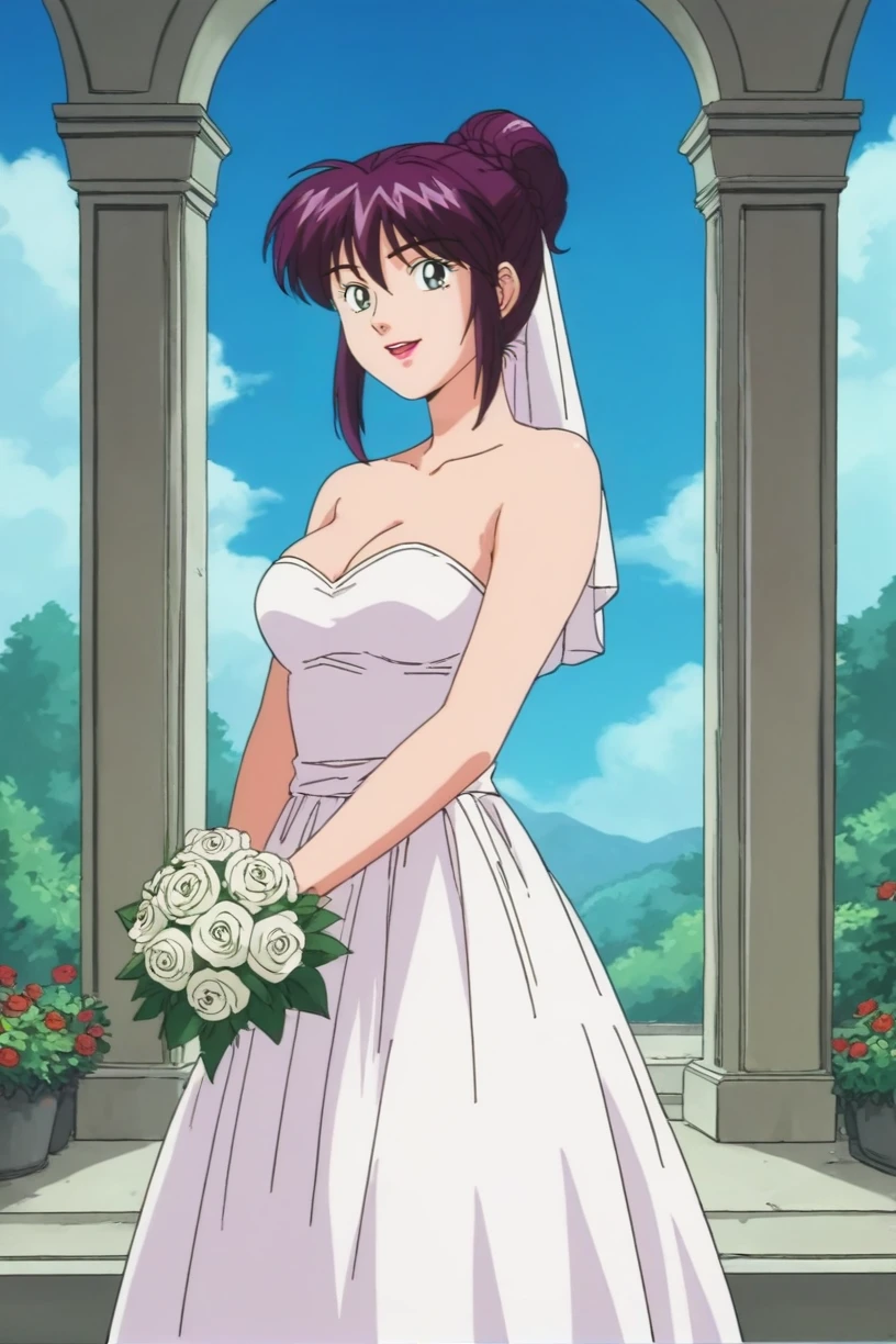 best quality,masterpiece,looking at viewer,absurdres,1girl,score_9,score_8_up,score_7_up,source_anime BREAK <lora:026-çå¾·è±å
ä¸-婿¢
å°è¾¾Â·çº¦å°æ ¼XLV1:0.8>,limelda jorg,purple hair,purple eyes,long hair,wedding dress,white dress,veil,garden,outdoors,standing,holding bouquet,blue sky,cloud,smile,half updo,french braid,ponytail,