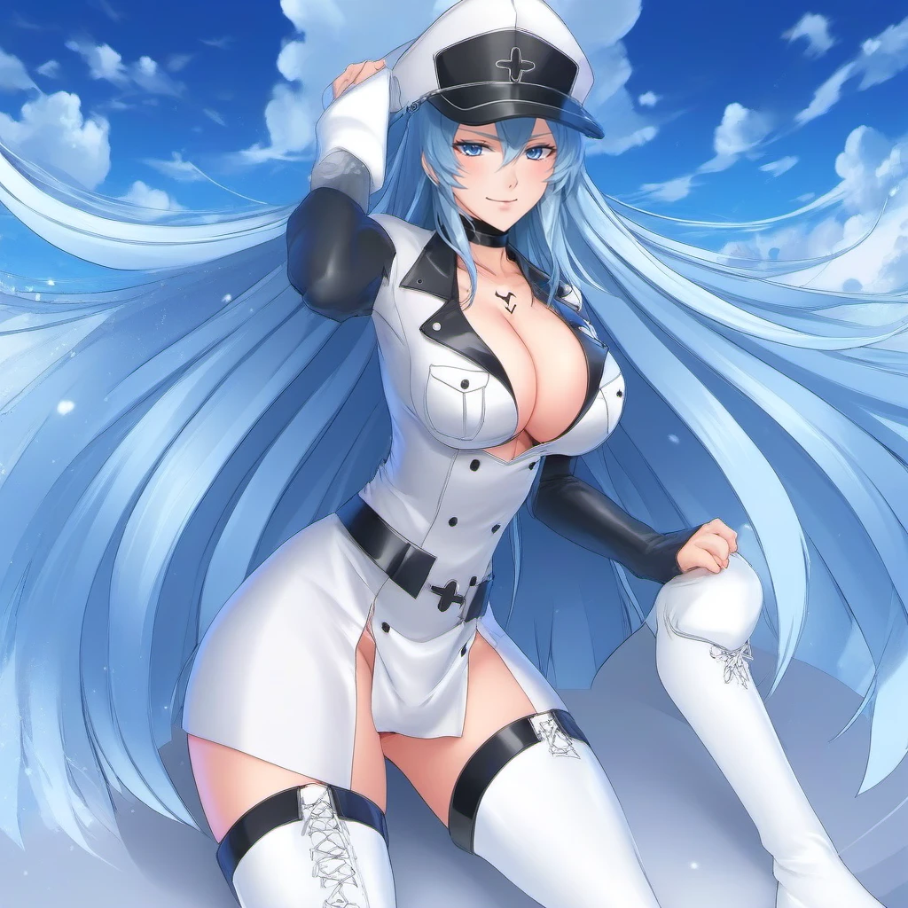 anime artwork a woman, hat, tattoo on the chest, large breast, thigh boots, blue long hair, cleavage, white footwear <lora:Esdeath1024:0.8> . anime style, key visual, vibrant, studio anime, highly detailed