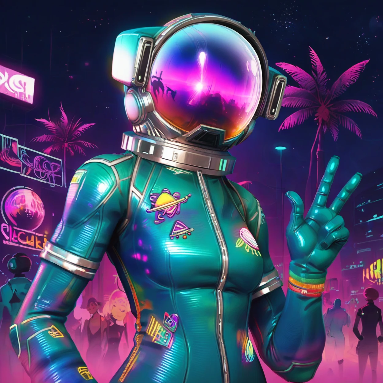 score_9, score_8_up, score_7_up, 1girl, solo, <lora:hazardcosmosf:0.85>, bioluminescent, gesture, light teal suit, latex, (wide hips, from below), (beautiful curvy woman in psychedelic rainbow space suit:0.7), reflective visor, young, petite, detailed body, detailed suit, bodysuit, hazardcosmosf, fortnite-cosmos, Coachella, realism, pastel colors, (dynamic pose:1.2), pastel body suit with white lines, psychedelic pattern, (thin waist), suit transitions from teal to light blue to pink to yellow, detailed space helmet, (upper body), LSD pins, helmet, futuristic suit, teal gloves, outdoors, dark atmosphere, <lora:g0th1cPXL:0.8>, night, gothic, rave, neon, glow, palm tree reflection in visor, <lora:incase---1:0.6>, dark atmosphere, dark
