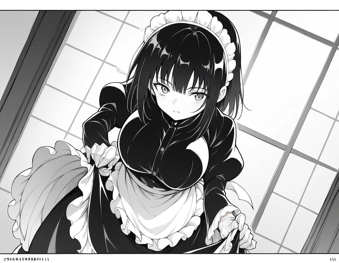 score_9, score_8_up, score_7_up, source_anime,
tsubakirurikawa, <lora:tsubaki-rurikawa-manga-ponyxl-lora-nochekaiser:1>,
tsubaki rurikawa, bangs, large breasts, monochrome, greyscale,
skirt, gloves, long sleeves, dress, frills, puffy sleeves, white gloves, apron, maid, maid headdress, juliet sleeves, maid apron,
indoors, bent over,
looking at viewer, solo, cowboy shot, dutch angle,