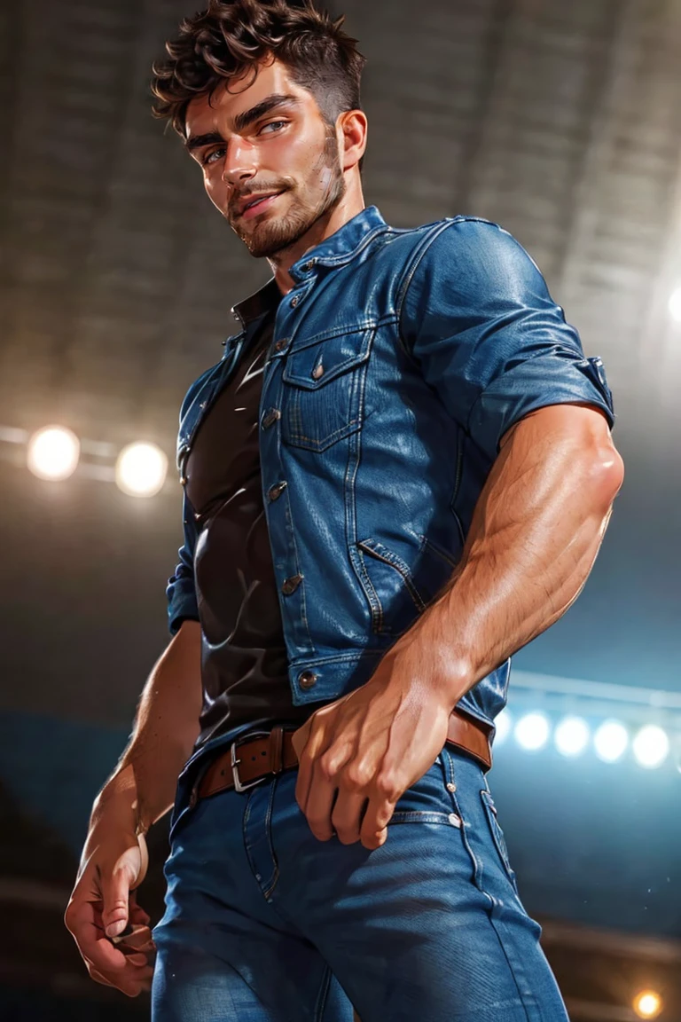 (masterpiece, best quality:1.2), smirk, medium hair, stubble, (muscular, depth of field:1.1), photo of person, medium shot, leather jacket, t-shirt, denim jeans,, portrait, masterpiece, highness, perfect face, perfect picture, detailed eyes ,sharp focus, at the concert, view from below,portrait, man<lora:EMS-255755-EMS:1.000000>