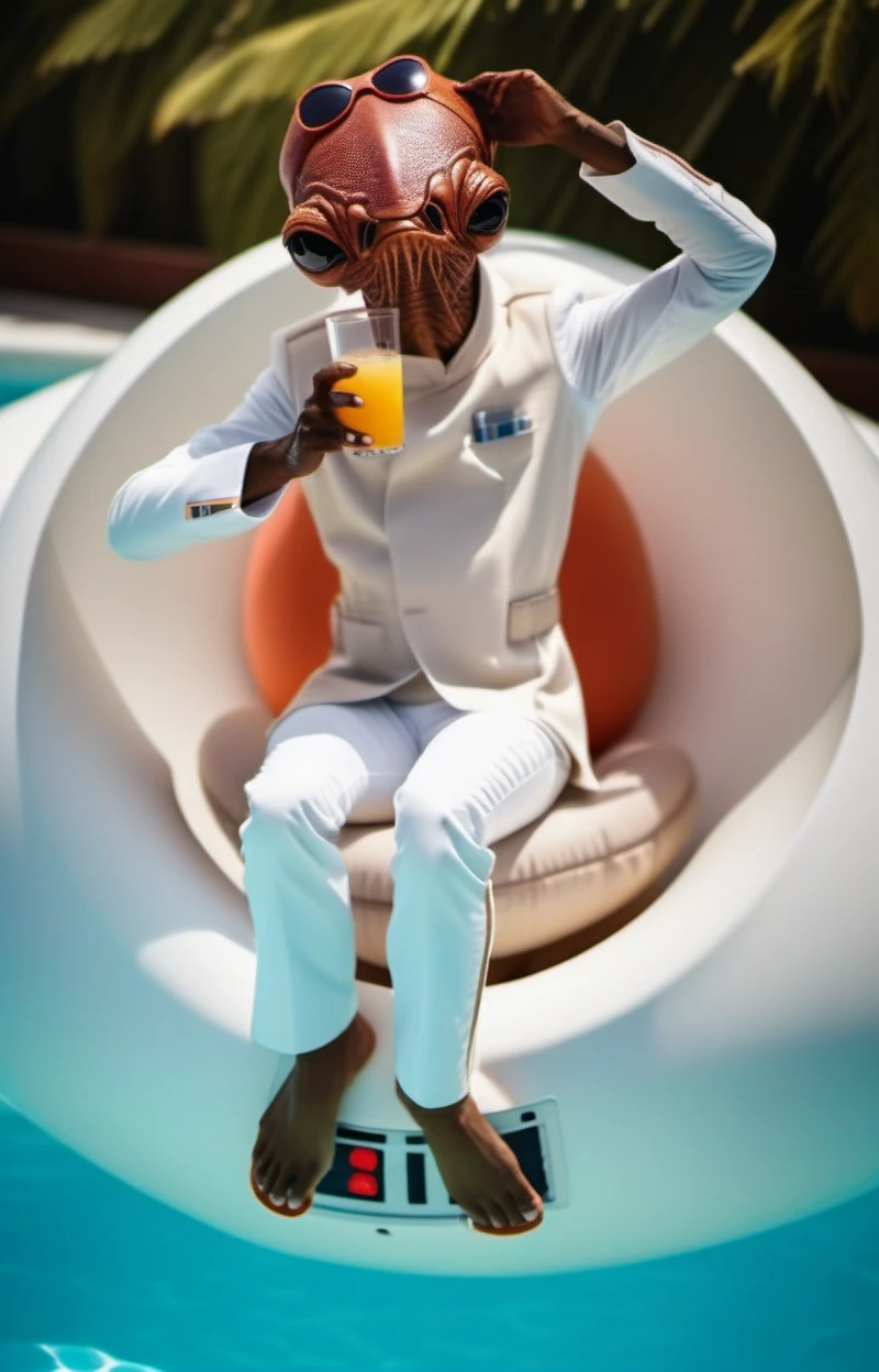 cinematic photo an brown skin alien with a strange looking face, star wars, white suit,
in a swimming pool on a buoy drinking a cocktail, sunglasses on my head <lora:AmiralAckbar1024:0.9> . 35mm photograph, film, bokeh, professional, 4k, highly detailed