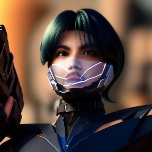 bate shoulders, blurry background, holding, futuristic soldier, tight ponytail, tight suit, Glass mask, 1girl, Long sidebangs, glass armor, choker, holding gun