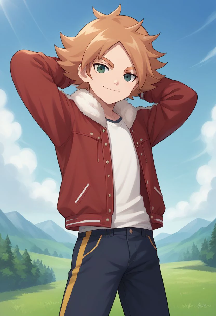 score_9, score_8_up, source_anime, highly detailed, 1boy, solo, male_focus
aiden, 1boy, male focus, solo, orange hair, jacket, red jacket, pants, cropped pants, smile, looking at viewer, hands behind head, green eyes, sky, open jacket, full body,
outdoor,