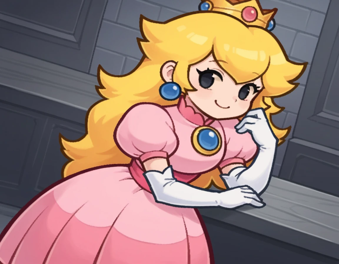 score_9, score_8_up, score_7_up, source_anime,
princesspeach, <lora:paper-peach-ingame-ponyxl-lora-nochekaiser:0.8>,
peach, long hair, blonde hair, chibi, solid oval eyes, no sclera, black eyes, eyelashes,
gloves, dress, jewelry, earrings, elbow gloves, crown, pink dress,
indoors, bent over, smile,
looking at viewer, solo, dutch angle, cowboy shot,