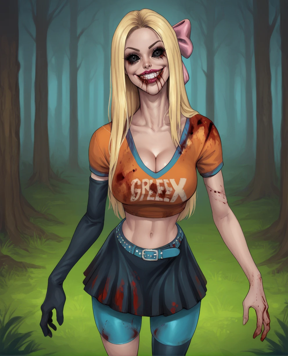 score_3_up,score_4_up,score_5_up,solo,unknownpep,blonde hair,black eyes,black sclera,long hair,hair bow,orange shirt,midriff,belt,skirt,forest,looking at viewer,lipstick,teeth,smile,single elbow glove,blue bike shorts,blood on clothes,head tilt,
<lora:unknownPepxl:0.9>,cleavage,