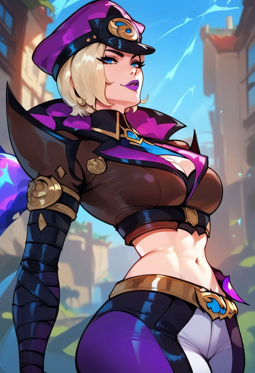 score_9, score_8_up, score_7_up, score_6_up, soul fighter evelynn,1girl, cropped jacket, hat, pants, blue eyes,short hair, blonde hair, purple lips,source_anime, expressive face, speedlines, dynamic movements, ultra-detailed,highres,8k,perfect body,intricate details,depth of field, scenery, side view, cowboy shot,