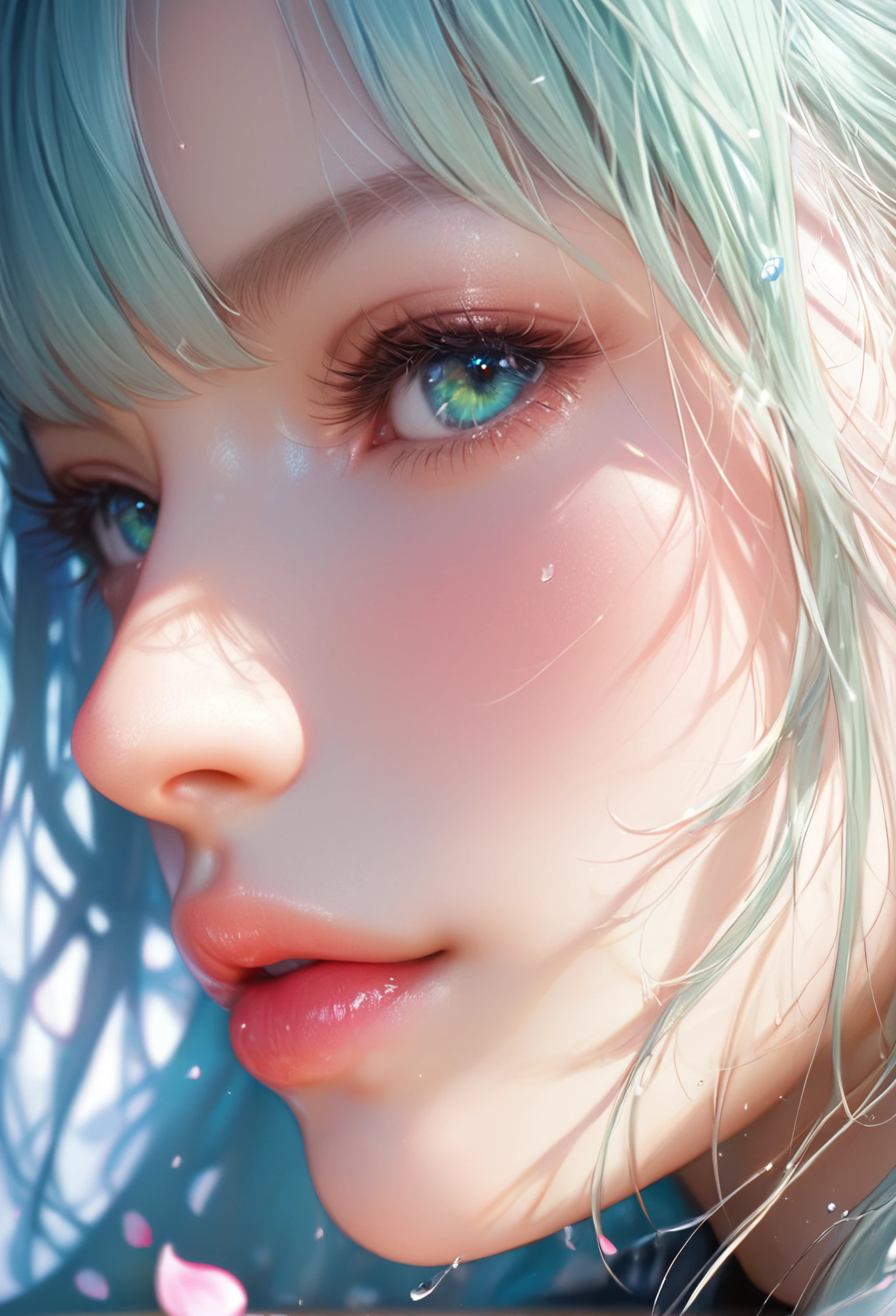 score_9, score_8_up, score_7_up, Girl's profile picture, light green long hair with bangs, light blue petals on cheeks, realistic skin texture, detailed picture, close-up, HD32k