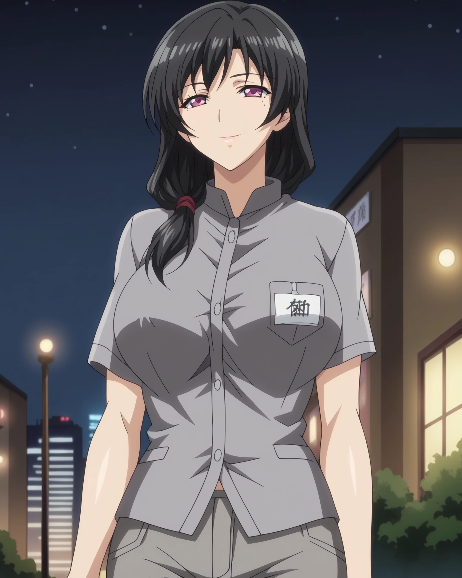 score_9, score_8_up, score_7_up, source_anime,anime screencap,uncensored,
(mature female),
kaori sakaki, 1girl,black hair,long hair,large breasts,purple eyes,mole under eye,hair over shoulder,solo, solo focus, 
grey shirt,  light smile, grey pants,
perfect anatomy,
scenery, night, skyline, city lights, outdoors, 
<lora:anime-detailer-xl:2>,  <lora:Kaori Sakaki Ran Sem_epoch_15:0.8>, <lora:Saimin_Style:0.5>,