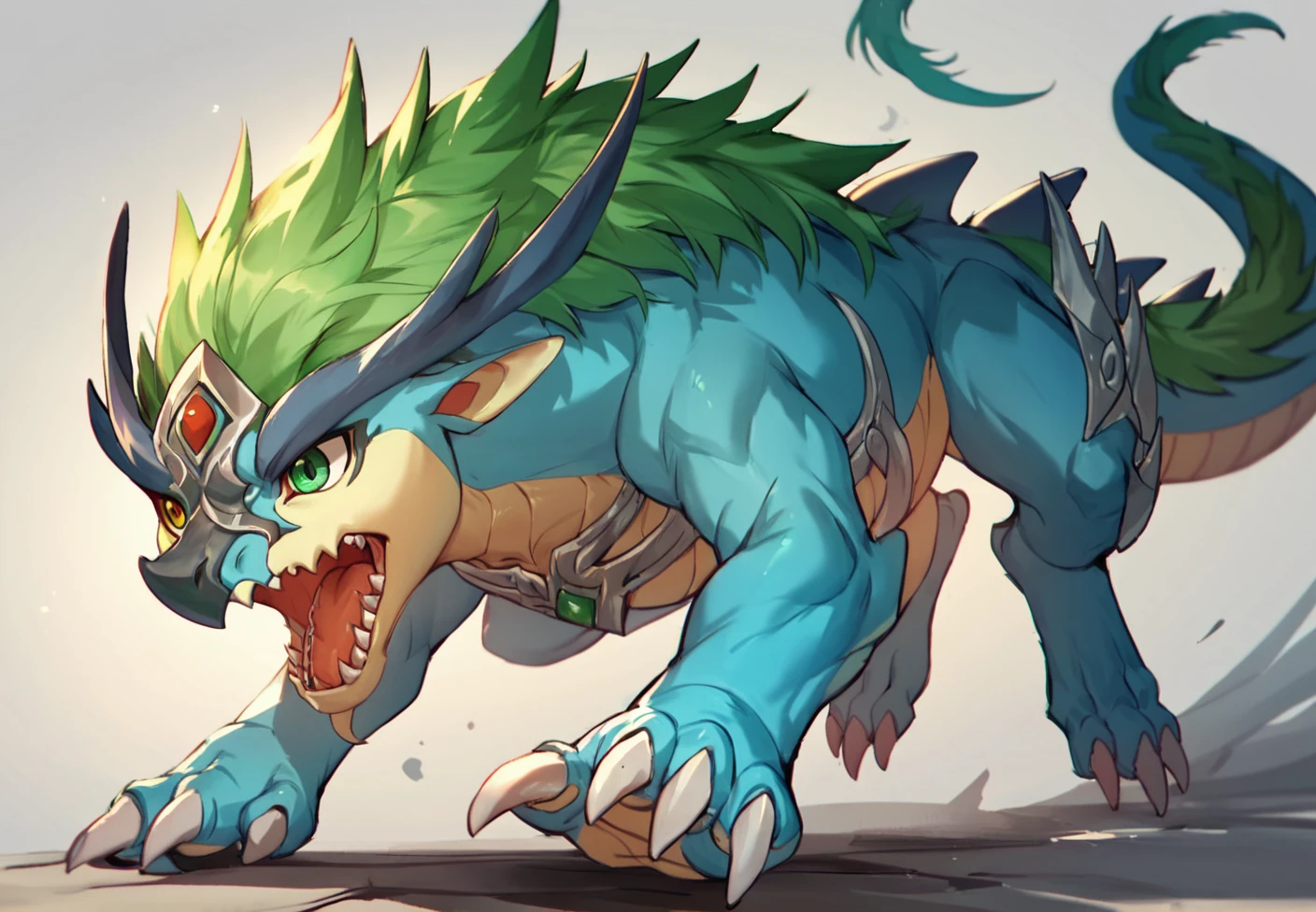 score_9,score_6_up,score_8_up,score_7_up,score_5_up,score_4_up,
solo,tianjinshou,feral,blue boy,open mouth,heterochromia,male,claws,scalie,Green hair,green eyes,<lora:Tianjinshou_XL_Pony-000010:0.8>,