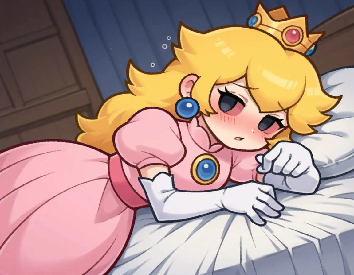 score_9, score_8_up, score_7_up, source_anime,
princesspeach, <lora:paper-peach-ingame-ponyxl-lora-nochekaiser:0.8>,
peach, long hair, blonde hair, chibi, solid oval eyes, no sclera, black eyes, eyelashes,
gloves, dress, jewelry, earrings, elbow gloves, crown, pink dress,
indoors, bed, bed room, on side, blush, drunk,
looking at viewer, solo, dutch angle, cowboy shot,