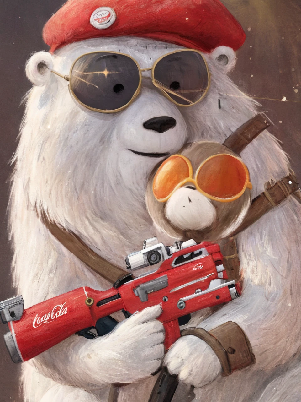 portrait, surrealistic, (bokeh:1.1), dof, awe-inspiring, majestic, overwhelming, humanoid polar-bear wearing (red coca-cola-military:1.1) metal sci-fi bulky (mecha armour:1.3) and sunglasses with (red beret:1.05) is holding a big (white rifle:1.35), harsh shadows, (sun rays:1.1)
<lora:é²åä¸æ´¾@SDXLå¿ç«¥ç»æ¬:1>,Children's picture books,