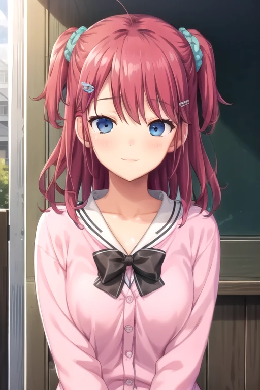 ((masterpiece)),(best quality),official art,extremely delicate and beautiful,extremely detailed CG,unity 8k wallpaper,ultra detailed,beautiful detailed eyes,extremely detailed face,outdoors,1girl,solo,upper body,(portrait:1.5),looking at viewer,facing viewer,smile,Koorogi Maya,long hair,pink hair,two side up,hairclip,hair ornament,hair scrunchie,blue scrunchie,sidelocks,hair between eyes,bangs,blue eyes,collarbone,school uniform,white sailor collar,pink cardigan,black bowtie,long sleeves,medium breasts,black skirt,pleated skirt,white thighhighs,bow legwear,loafers,brown footwear,<lora:Koorogi Maya(sdg2):0.8>,