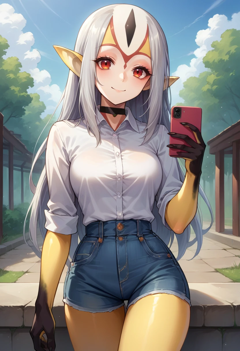 score_9, score_8_up, source_anime, 1girl, solo, Mutio, white hair, long hair, monster girl, multicolored skin, yellow skin, black hands, white shirt, dress shirt, black choker, holding cellphone, denim shorts, high-waist shorts, outdoors, smile, <lora:ChamMutioPonyXL:1>