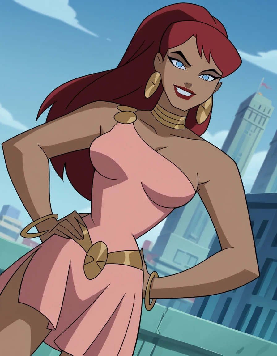 score_9, score_8_up, score_7_up, source_anime,
giganta, <lora:giganta-dcau-ponyxl-lora-nochekaiser:1>,
giganta, blue eyes, red hair, dark skin, dark-skinned female, makeup, lipstick, ponytail,
dress, jewelry, earrings, bracelet, pink dress,
outdoors, cityscape, hands on hips, smile,
looking at viewer, solo, dutch angle, cowboy shot,