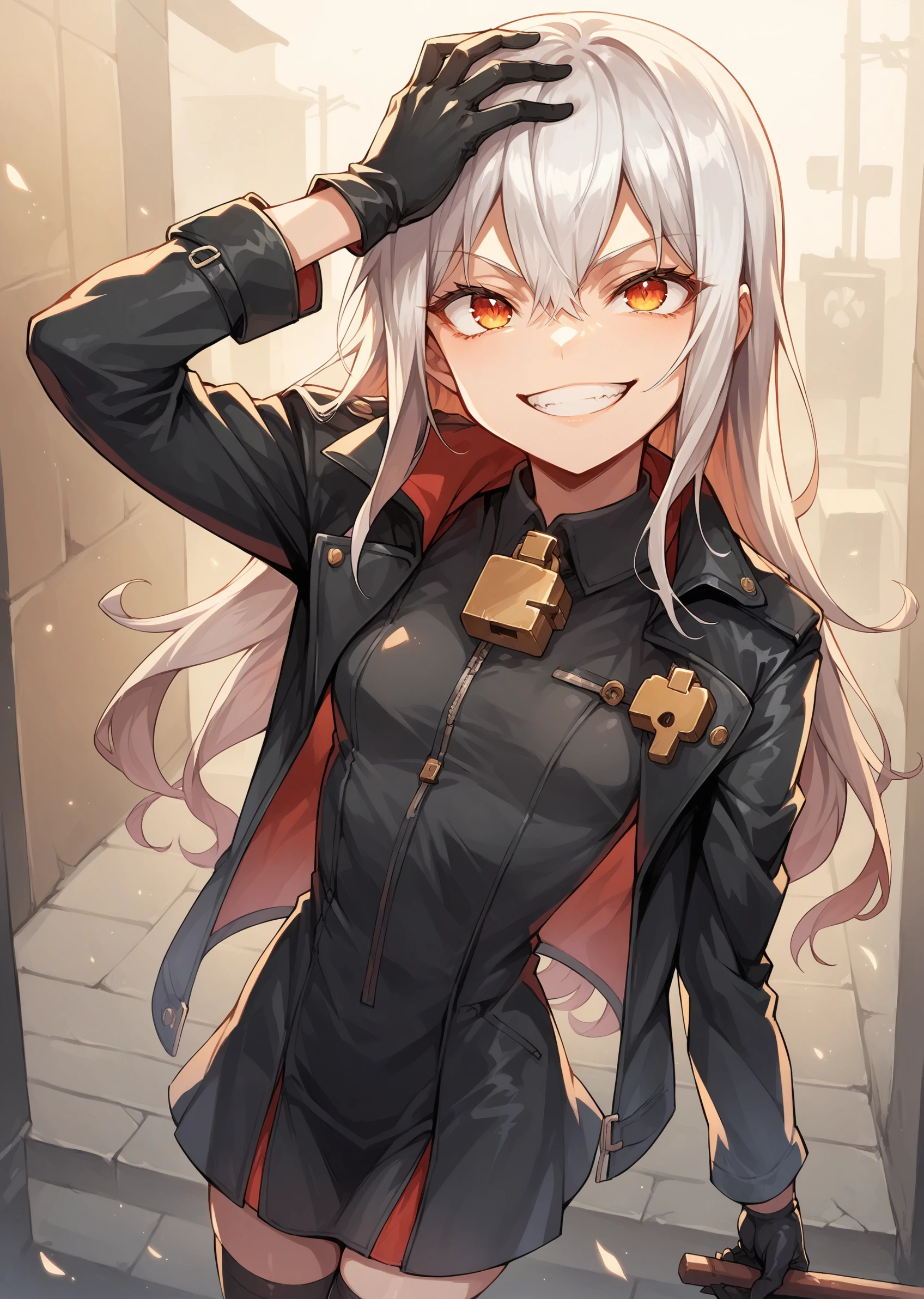 (score_9, score_8_up, score_7_up), BREAK source_anime, 1girl, solo, vita_\(bambina\), small breasts, black dress, jacket on shoulders, black gloves, thighhighs, pedlock, evil smile, grin, cowboy shot, one hand on own head, looking up, from above, street <lora:vita_pony_1:0.7>