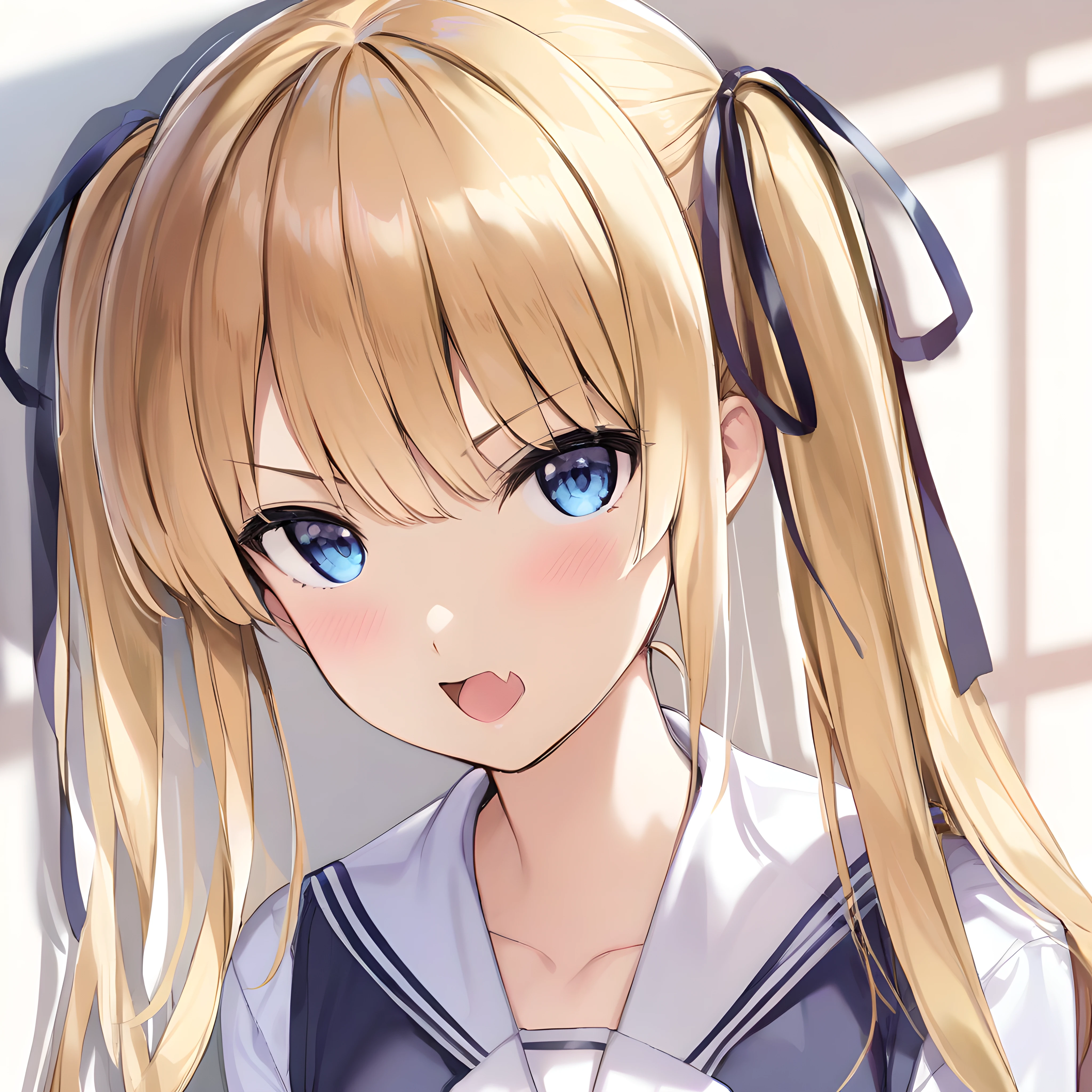 (masterpiece),(best quality),(ultra-detailed),(best illustration),(best shadow),(absurdres),(detailed background),(very aesthetic),sawamura eriri spencer, 1girl, solo, blonde hair, twintails, blue eyes, school uniform, fang, white background, looking at viewer, long hair, simple background, open mouth, ribbon, skin fang, hair ribbon, portrait, very close-up<lora:eriri:1>