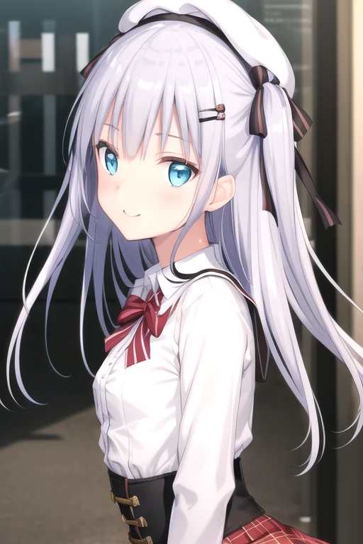 ((masterpiece)),(best quality),official art,extremely delicate and beautiful,extremely detailed CG,unity 8k wallpaper,ultra detailed,beautiful detailed eyes,extremely detailed face,outdoors,1girl,solo,upper body,(portrait:1.5),looking at viewer,facing viewer,smile,(petite:1.2),Koharu,white beret,very long hair,light purple hair,two side up,floating hair,hair bow,black bow,hairclip,hair ribbon,black ribbon,hair ornament,sidelocks,blunt bangs,aqua eyes,school uniform,white shirt,collared shirt,dress shirt,red bowtie,striped bowtie,long sleeves,small breasts,corset,underbust,buttons,miniskirt,red skirt,plaid skirt,pleated skirt,frilled skirt,zettai ryouiki,white thighhighs,loafers,<lora:Koharu(s-n):0.8>,