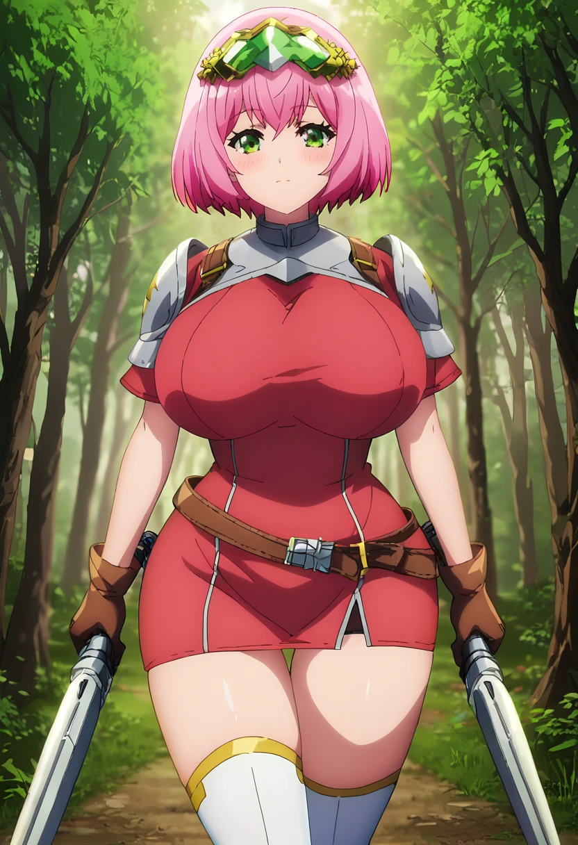PonyXLV6_Scores ,source_anime, masterpiece,best quality, highly detailed,<lora:xl_more_art-full_v1:0.8>,cinematic,unity 8k wallpaper, amazing quality, masterpiece, best quality, hyper detailed, ultra detailed, UHD, perfect anatomy,<lora:anime_screencap:1>fine anime screencap_xl, anime screencap
BREAK
<lora:hana:0.8>hana, 1girl, breasts, pink hair, solo, green eyes, huge breasts, gloves, short hair, goggles, looking at viewer, bangs, weapon, goggles on head, thighs, dress, blush, belt, thighhighs