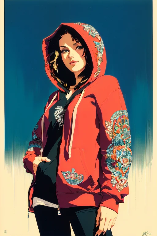 [Frank Shepard Fairey|realistic], perfumepunk style, by Ashley Wood, mmksc, 1girl, fur and oversize short hoodie, [Delaunay|Mondrian] background, professional art with vibrant colors, best quality, masterpiece <lora:civitai_score:0.75>