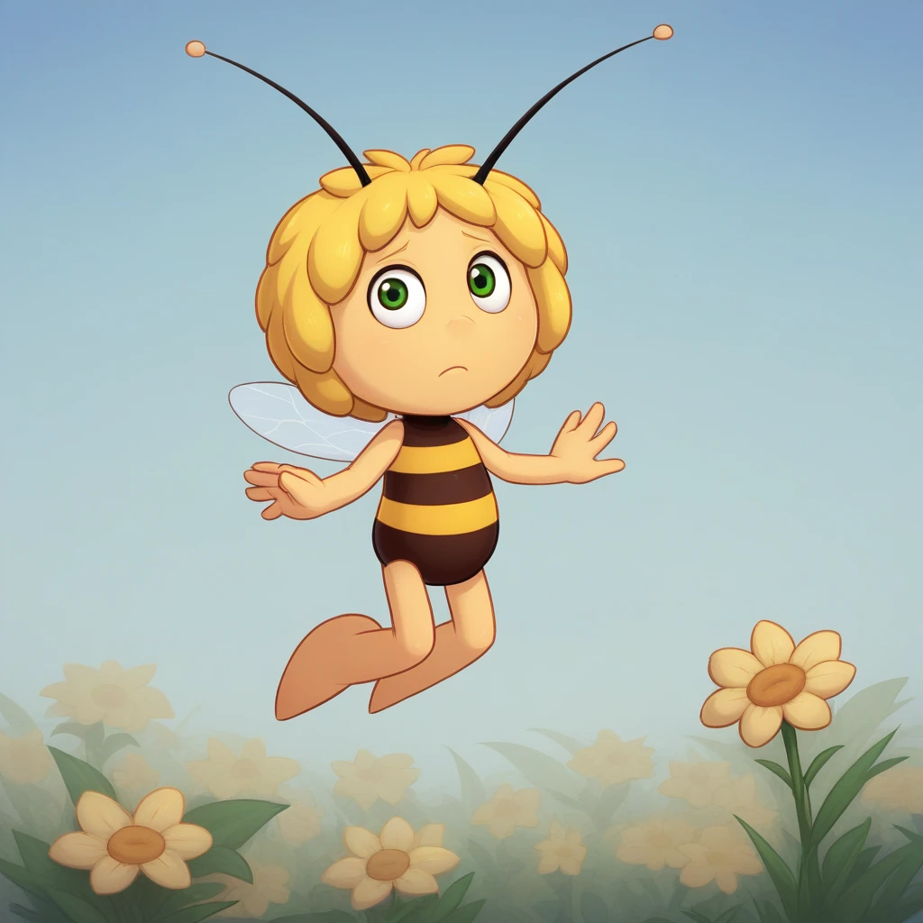 score_8_up, BREAK, no humans, 1girl, solo, Maya, green eyes, antennae, yellow skin, yellow hair, striped, <lora:MayaTheBee_PXL_Leaf1:1>, flying, flower, blue sky,