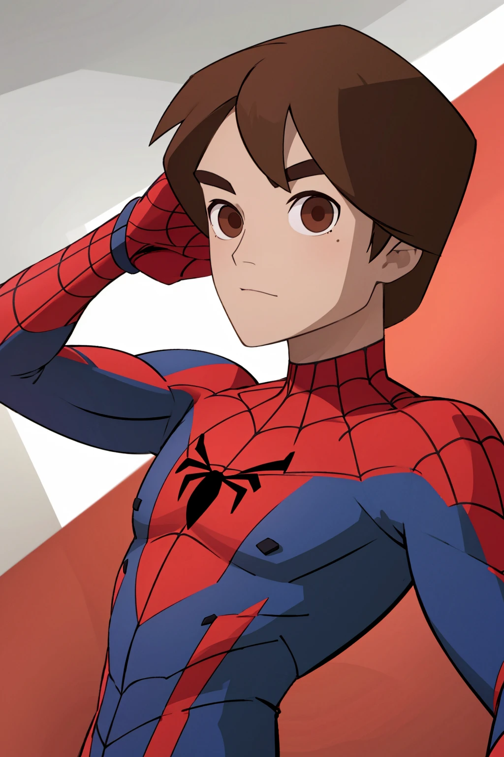 8k,highres, peter_parker,solo,1boy,male focus,brown eyes,black Spider Man costume,masterpiece,best quality,looking at viewer