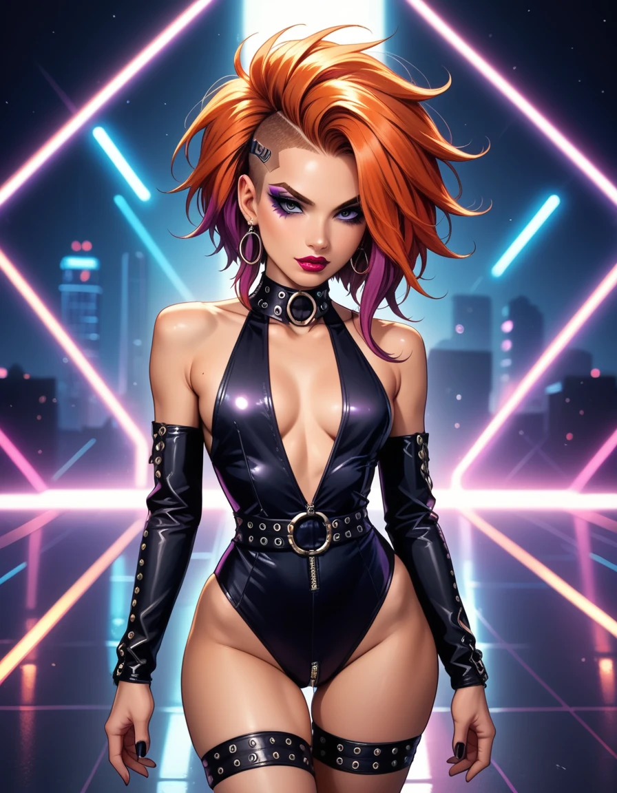 neonpunk style score_9, score_8_up, score_7_up, score_6_up, score_5_up, score_4_up, source_anime, long ginger hair, makeup, lipstick, hud_b1ker, black halterneck dress, collar, detached sleeves, thigh straps, belt, zipper, <lora:hud_b1ker_XLP:0.7>, . cyberpunk, vaporwave, neon, vibes, vibrant, stunningly beautiful, crisp, detailed, sleek, ultramodern, magenta highlights, dark purple shadows, high contrast, cinematic, ultra detailed, intricate, professional