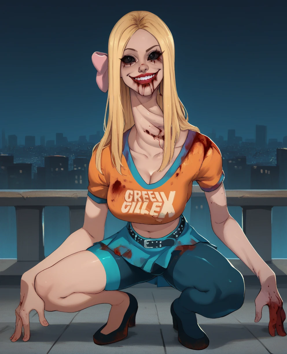 score_9,score_8_up,score_7_up,score_6_up,unknownpep,blonde hair,black eyes,black sclera,long hair,hair bow,orange shirt,midriff,belt,skirt,looking at viewer,lipstick,teeth,smile,single elbow glove,blue bike shorts,blood on clothes,head tilt,solo,
<lora:unknownPepxl:1>,cleavage, cityscape,night, long neck,   squatting,