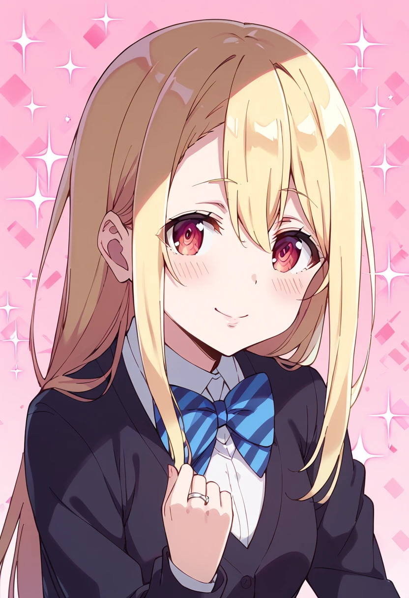 score_9, score_8_up, score_7_up, source_anime BREAK
amane lily, 1girl, solo, blonde hair, smile, looking at viewer, school uniform, pink background, heart, white shirt, blue neckwear, upper body, blush, blue bow, hair between eyes, jewelry, collared shirt, sparkle, striped neckwear, striped bow, ring, red eyes, long sleeves, hand up, closed mouth, brown eyes, black cardigan, simple background, eyebrows visible through hair, dress shirt, black jacket, sleeves past wrists, purple eyes, wing collar, diagonal stripes, eyelashes, sidelocks, heart background, blazer, pink eyes, parted lips, sweater, sparkle background, small breasts, diagonal-striped neckwear, leaning forward, hair twirling, clenched hand, very long hair, head tilt, shiny, blue bowtie, wedding ring, striped clothes, striped bowtie
<lora:amane_lily_sdxl_locon_pony_v1:0.8>