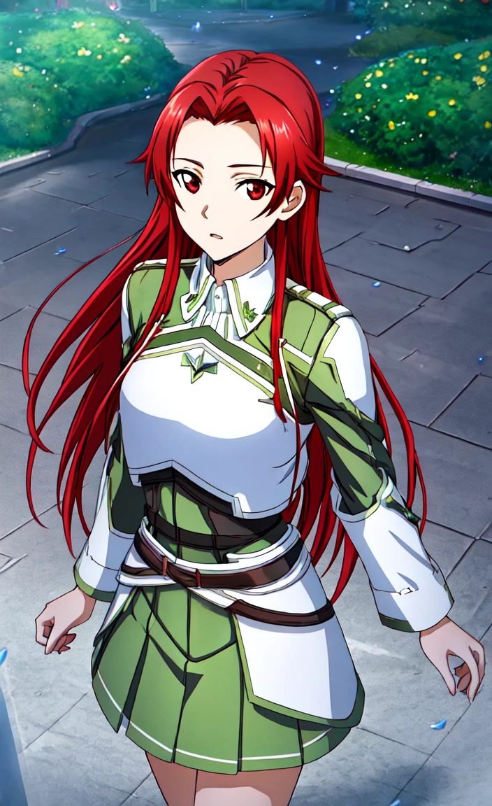 Tiese Shtrinen, red hair, long hair, sidelocks, red eyes, medium breasts, green school uniform, Green skirt, breastplate, standing, looking at viewer, outdoors, park, ultra-detailed, illustration, beautiful detailed eyes, (an extremely delicate and beautiful), extremely detailed CG unity 8K wallpaper, <lora:moon cradle:0.8>