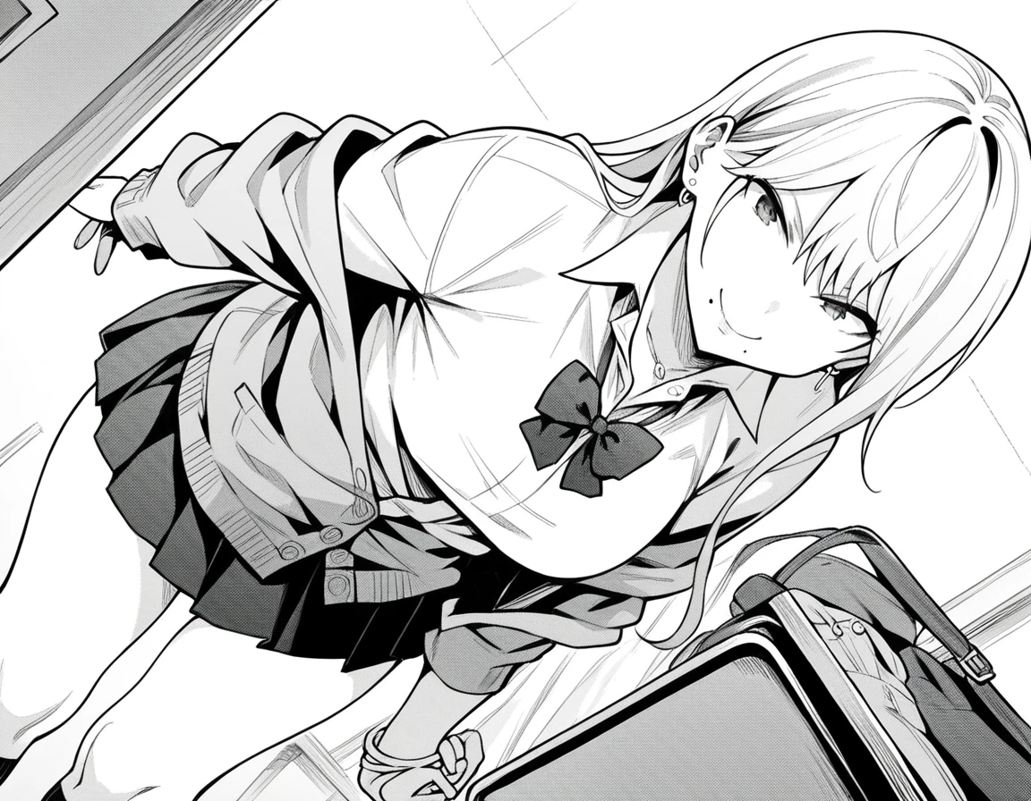 score_9, score_8_up, score_7_up, source_anime,
gyaruharuka, <lora:gyaru-haruka-manga-ponyxl-lora-nochekaiser:1>,
gyaru haruka, long hair, bangs, earrings, mole, mole under mouth, monochrome, greyscale,
skirt, shirt, bow, school uniform, pleated skirt, open clothes, socks, collared shirt, bowtie,  cardigan,
indoors, classroom, smile, bent over,
looking at viewer, solo, cowboy shot, dutch angle,