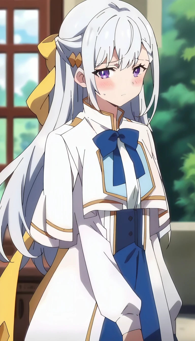 score_9, score_8_up, score_7_up, source_anime, masterpiece, 1girl, euphyllia, white hair, purple eyes, white capelet, blue skirt, frills, blue neckwear, long sleeves, looking at viewer, <lora:EuphylliaMagentaPONYXL:0.8>, cowboy shot, blush, anime screencap
