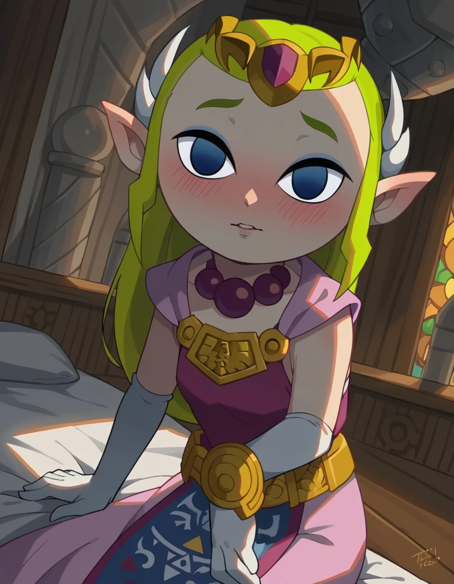 score_9, score_8_up, score_7_up, source_anime,
princesszelda, <lora:toon-zelda-ingame-ponyxl-lora-nochekaiser:0.8>,
zelda, long hair, blue eyes, blonde hair, pointy ears, empty eyes, princess zelda,
gloves, dress, jewelry, elbow gloves, belt, necklace, tiara, pink dress, triforce,
indoors, bed, bed room, on side, blush, drunk,
looking at viewer, solo, dutch angle, cowboy shot,