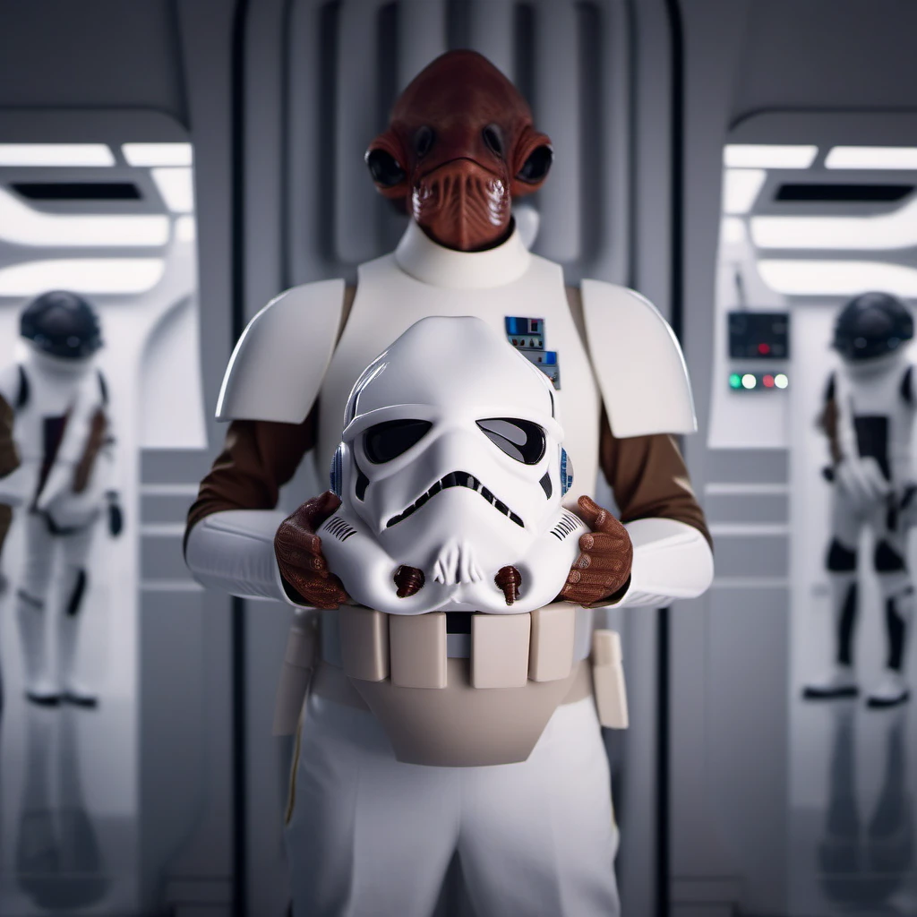 cinematic photo a brown skin alien with a strange looking face, star wars,
dressed as a stormtrooper, holds a stormtrooper helmet, spaceship <lora:AmiralAckbar1024:0.9> . 35mm photograph, film, bokeh, professional, 4k, highly detailed