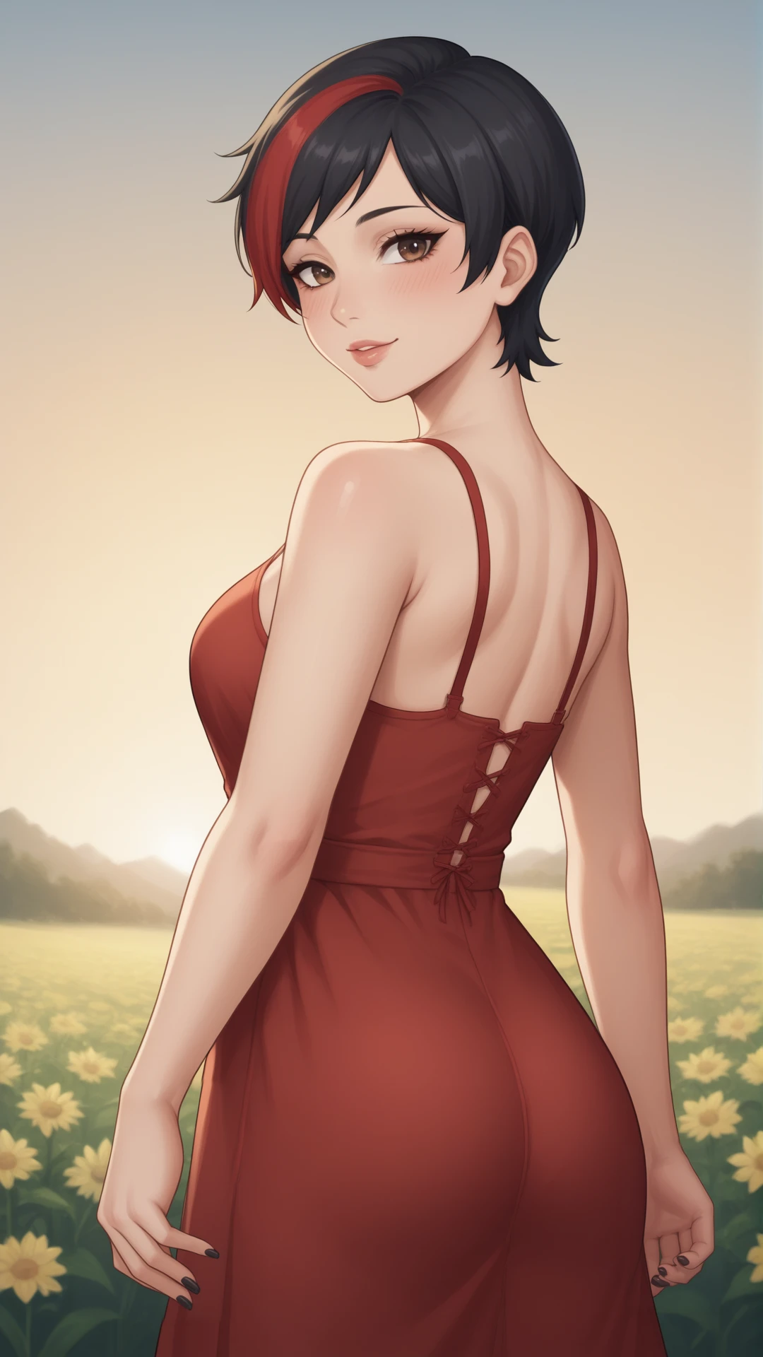 score_9, score_8_up, score_7_up, BREAK source_anime, best quality, masterpiece, ultra detailed,
<lora:Everlasting_Summer_Olesya_V2_by_GraffMetal:0.7>, olesya, brown eyes, short hair, black hair, red hair, two-tone hair, multicolored hair, streaked hair, 1girl, solo, mature, 
blush, light smile, 
black eyeliner cat eye, piink lips, black short nails,
red sundress, evening, sunset, spring, flower field, from behind, looking back, open arms
amzing background, from below, cinematic,